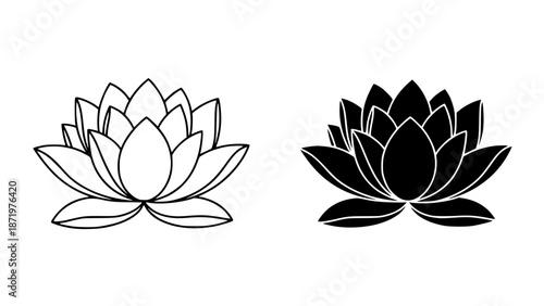 Minimalist black and white line art illustration of a blooming lotus flower side by side with a solid black with zen