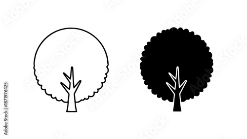 Stylized illustration of a bare tree with a fluffy crown and branching trunk in outline and solid black with vector art