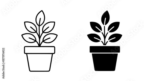 Two simple vector icons of a potted plant one in outline and the other in solid black silhouette format with plant icon