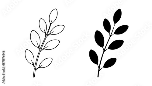 Minimalist botanical vector illustration showcasing a delicate leafy branch design in both outline and solid silhouette forms perfect for nature inspired graphic projects