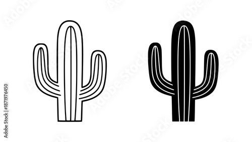 Two stylized saguaro cactus illustrations one in black outline and the other a solid black silhouette on a white