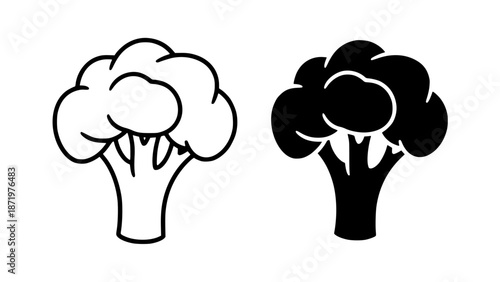 Detailed vector illustrations showcasing two contrasting broccoli vegetable icons, one outline and one solid silhouette graphic design element for healthy eating or food preparation concepts.