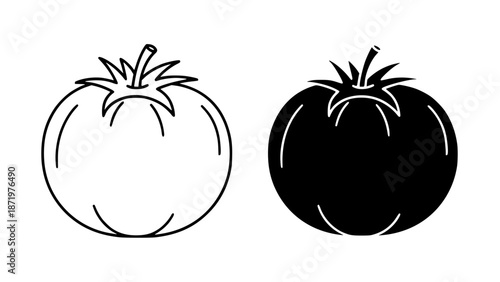 Simple graphic illustration of a ripe tomato in outline and solid black silhouette isolated on a white background