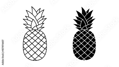 Simple graphic design set featuring two distinct pineapple fruit icons, one outlined line art and one solid silhouette illustration perfect for tropical food blogs or healthy eating concepts.