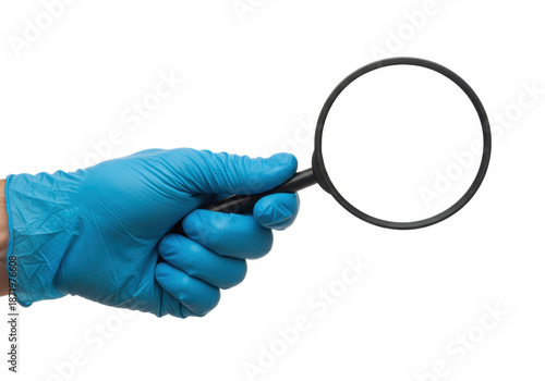 A male hand in a blue medical nitrile glove holds a modern magnifying glass on a transparent background. Concept of precision and scientific research