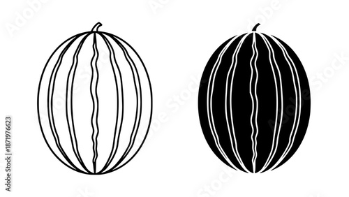 Simple black and white outline icon set illustrating two distinct watermelon fruit graphics perfect for design projects or healthy food illustrations