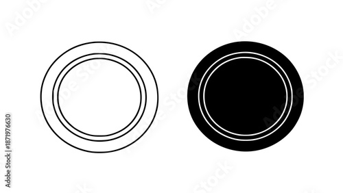 Two circular shapes with concentric rings in black and white on a plain background for design and graphic elements