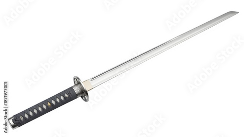 Silver Samurai Sword with Long Blade Isolated on White or Transparent Background