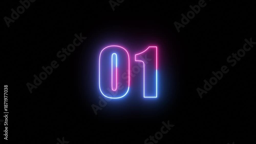 Glowing neon text 01 number on black background