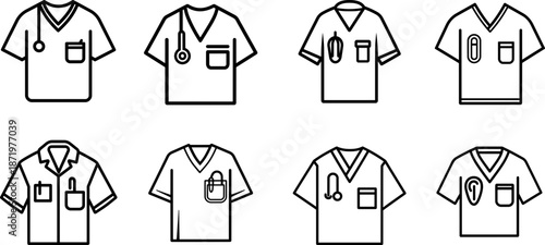 Set of medical scrub icons, nursing uniform line art with stethoscope and pocket details, healthcare and hospital clothing sketches isolated on white.
