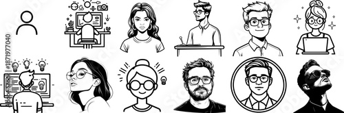 Set of diverse profile avatars and character illustrations, hand-drawn line art of people working with laptops, creative professionals icons.