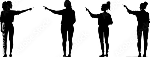 Set of woman silhouettes pointing finger, female figures in various standing poses showing direction, isolated black vector shapes on white background.