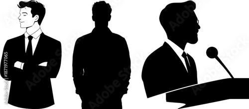 Set of businessman silhouettes, professional leader standing with crossed arms and speaker giving a speech at podium, corporate leadership concepts.