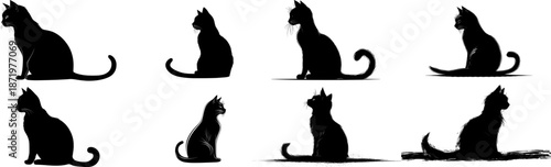 Set of black cat silhouettes in sitting positions, domestic pet profile icons isolated on white background.