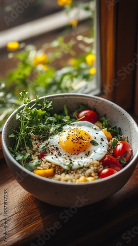 Wallpaper Mural Healthy quinoa bowl with fried egg, cherry tomatoes and fresh herbs on a wooden windowsill Torontodigital.ca