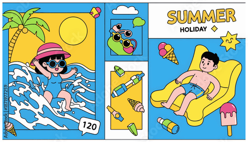 Colorful Summer Holiday Cartoon with Kids at the Beach
