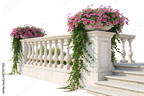 Classic White Marble Balustrade with Pink Floral Window Box Isolated on White