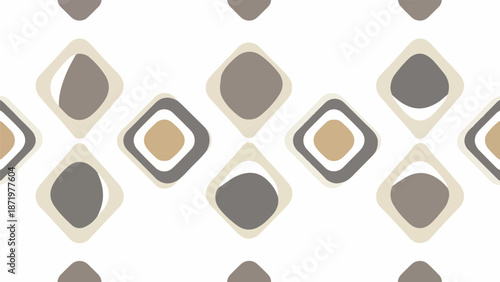 Seamless minimal geometric pattern of various shapes in shades of gray, beige, and white on a clean background.