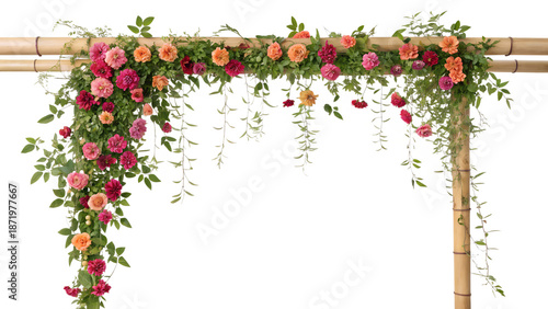 Blooming Floral Vine Garland on Natural Bamboo Branch Isolated on White