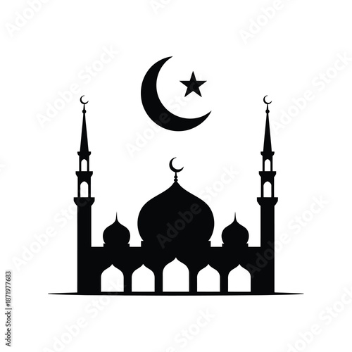 Silhouette of a mosque with crescent moon and star showcasing islamic architecture and religious symbolism