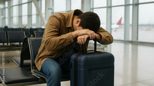 A tired man rests his head on his suitcase at the airport. He appears sad and exhausted from travel delays.