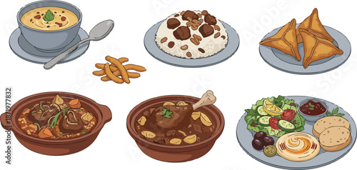 Ramadan Iftar Meal Illustration Set Traditional Islamic Dishes for Breaking Fast