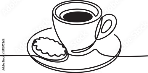 Continuous Line Art Illustration of Tiny Espresso Cup with Biscuit on Side Plate