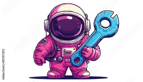 Cartoon Astronaut Repairman Holding Wrench Ready for Space Maintenance.