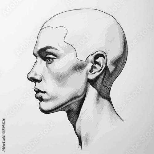 Man's Head Profile Drawing, Sketch Style, Anatomical Study, Black and White