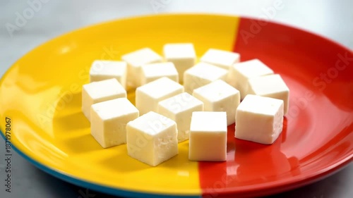 Small white cheese cubes are neatly arranged on a vibrant plate. The colorful yellow and red dish highlights the fresh dairy product.