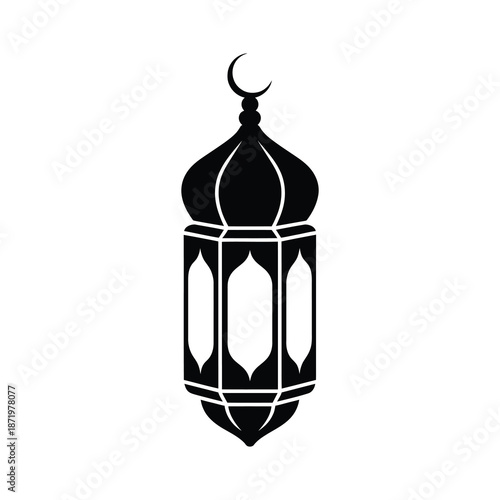 A striking black silhouette of a traditional islamic lantern with a crescent moon finial