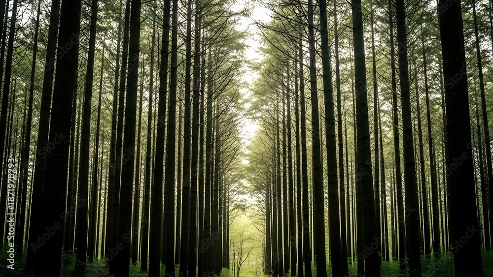 Fototapeta premium Serene forest glade with towering trees and sunlit pathway
