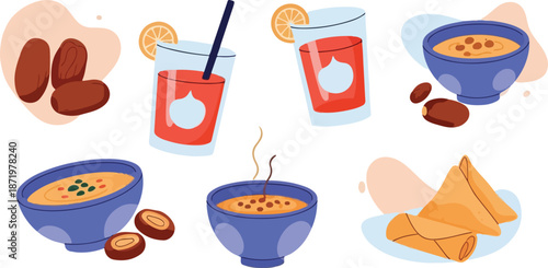 Comprehensive Ramadan Kareem and Eid Mubarak Illustration Collection Featuring Mosque Architecture, Iftar Food, Prayer Icons, Lanterns, and Crescent Moon Elements