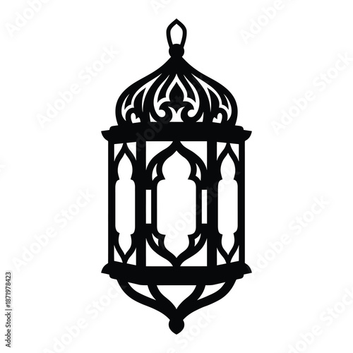An elegant black silhouette of a vintage hanging lantern with intricate ornamental details