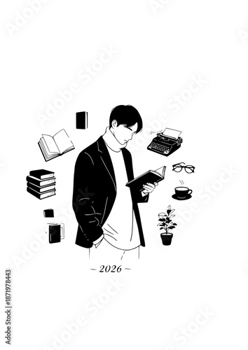 Poet-Core Academic Silhouette for 2026 Lifestyle. Person in Oversized Turtleneck and Blazer for Nostalgic Literature and Digital Detox Concept Vector.