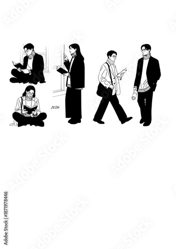 Poet-Core Academic Silhouette for 2026 Lifestyle. Person in Oversized Turtleneck and Blazer for Nostalgic Literature and Digital Detox Concept Vector.