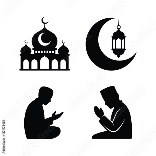 Ramadan symbols featuring a crescent moon mosque and silhouettes of people praying respectfully