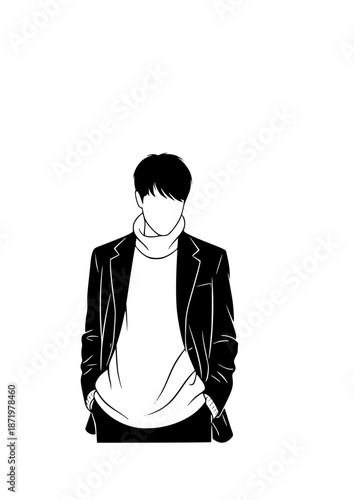 Poet-Core Academic Silhouette for 2026 Lifestyle. Person in Oversized Turtleneck and Blazer for Nostalgic Literature and Digital Detox Concept Vector.