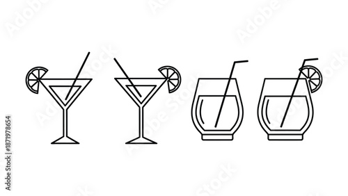 Collection of stylized black line art icons depicting four cocktail glasses with straws and citrus garnishes