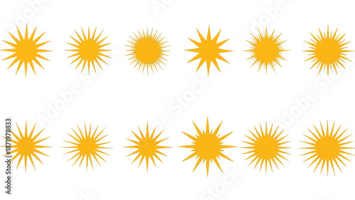 Collection of twelve stylized bright orange sun icons with varied ray shapes