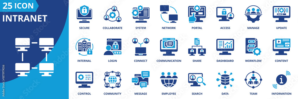 Obraz premium intranet icon set collection in solid glyph dual color style. pack contain network, portal, access, internal, community, connect, collaborate, communication, team, information icon