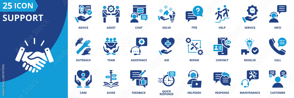 Fototapeta premium support icon set collection in solid glyph dual color style. pack contain help, assist, service, care, guide, advice, aid, solve, contact, support icon