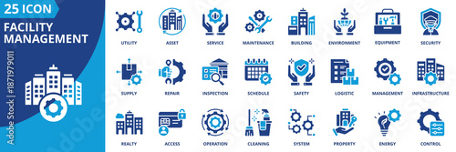 facility management icon set collection in solid glyph dual color style. pack contain building, maintenance, asset, service, operation, security, cleaning, utility, space, energy icon