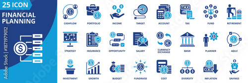 financial planning icon set collection in solid glyph dual color style. pack contain budget, savings, investment, income, salary, currency exchange, liability, cashflow, fundraise, strategy icon