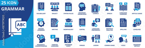 grammar icon set collection in solid glyph dual color style. pack contain vocabulary, foreign language, morphology, dialect, syntax rules, voice, language, lesson, article usage, writing icon