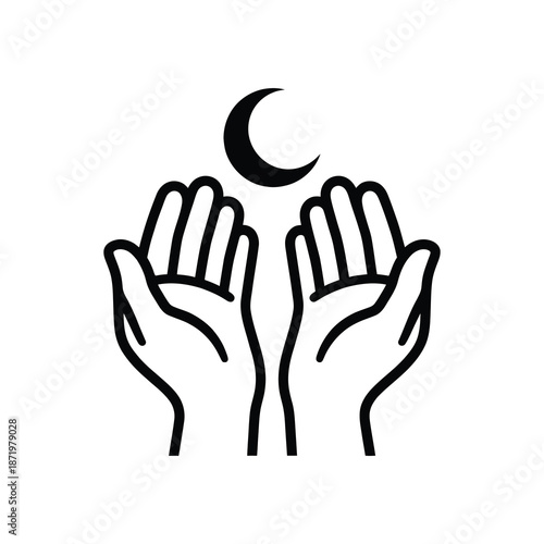 Open hands reaching upwards towards a crescent moon a simple black and white line drawing
