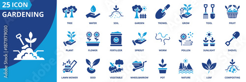 gardening icon set collection in solid glyph dual color style. pack contain plant, soil, water, seed, grow, flower, leaf, vegetable, lawn mower, tree icon