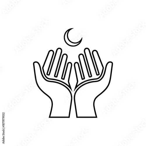 Hands reaching upwards in prayer cradling a crescent moon in a simple line art style