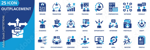 outplacement icon set collection in solid glyph dual color style. pack contain career, transition, support, guidance, coaching, cooperation, adapt, opportunity, network, advice icon