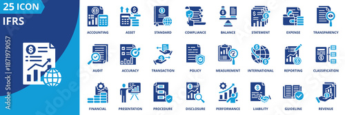ifrs icon set collection in solid glyph dual color style. pack contain accounting, standard, financial, reporting, statement, balance, presentation, asset, liability, equity icon